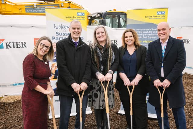 Jane Padmore, CEO of Sussex Partnership NHS Foundation Trust (SPFT); Stephen Lightfoot, NHS Sussex chair; Teresa Barker, chief nursing officer SPFT; and Cheryl Parsons, regional director, Kier wielding their spades at the ground breaking ceremony for the new Combe Valley Hospital in Bexhill