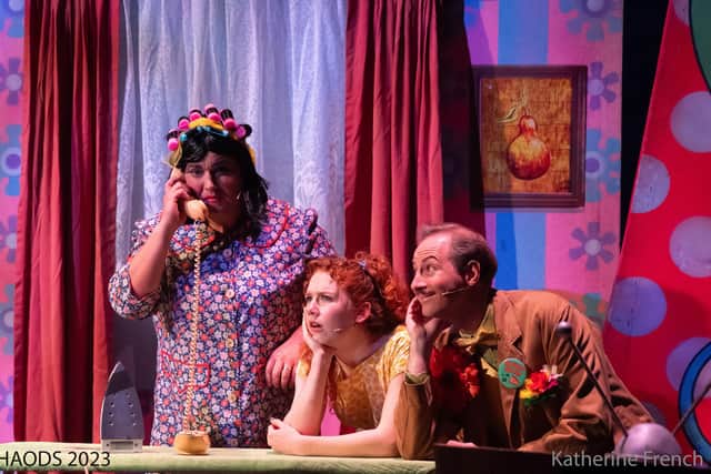 Edna Turnblad (Martin Bracewell), Penny Pingleton  (Maisy Sinclair) and Wilbur Turnblad (Chris Dale). Picture: Katherine French