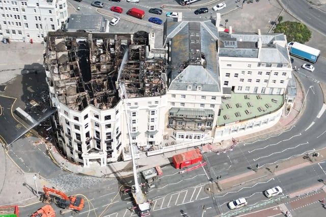 Photos from the scene show the devastation at Royal Albion Hotel following the blaze and its prepared demolition.
