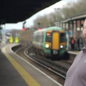 Ready for the off: Dave at his home station of Three Bridges in West Sussex. Pictures contributed