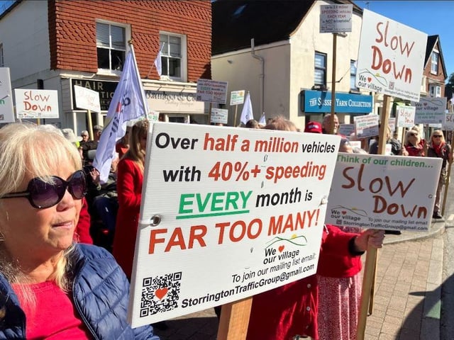Protesters say that more than half a million vehicles go through Storrington every month
