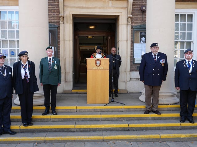 Crowds gathered outside Worthing Town Hall to hear the mayor, Henna Chowdhury, read the proclamation of King Charles III at 2.30pm. Photo: Eddie Mitchell