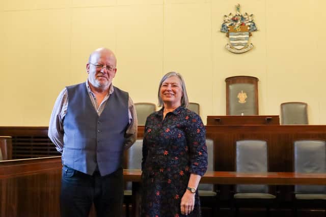 Simon Jones (left), team leader of the councils' licensing, public health and regulation group, pictured with councillor Sally Smith (right)
