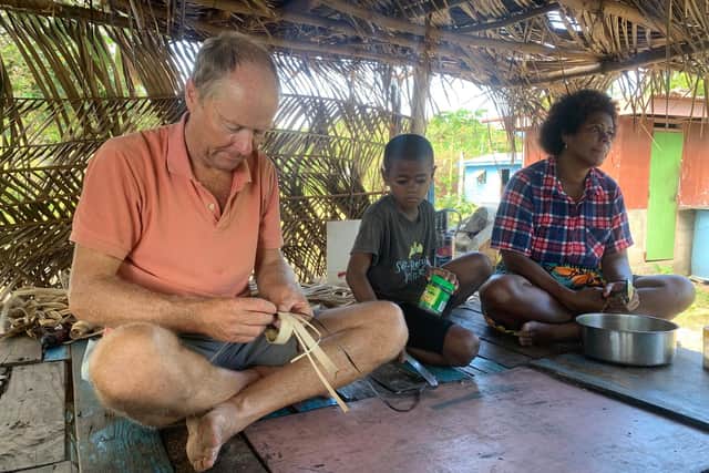 Bill weaving pandanas leaves on Matacawa Island, Fiji