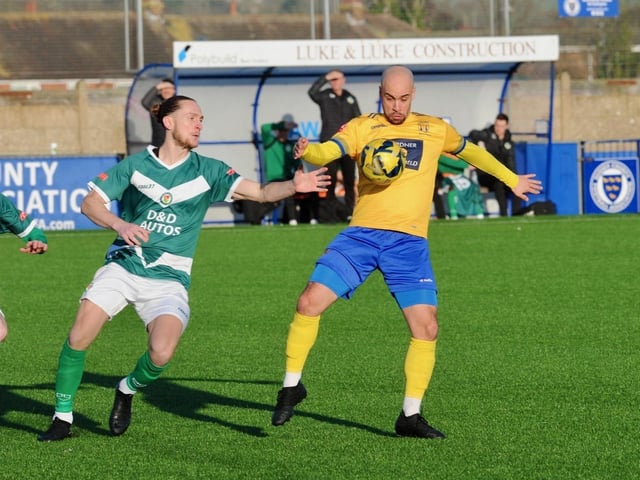 Action from Lancing's 3-2 win over Ashford United on Saturday. Picture by Stephen Goodger