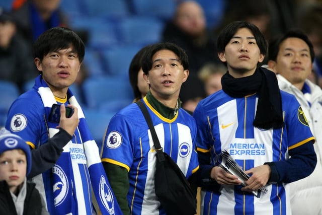 BRIGHTON, ENGLAND - DECEMBER 31: Brighton & Hove Albion fans show their support prior to the Premier League match between Brighton & Hove Albion and Arsenal FC at American Express Community Stadium on December 31, 2022 in Brighton, England. (Photo by Steve Bardens/Getty Images)