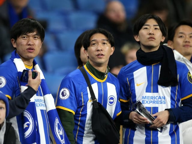 BRIGHTON, ENGLAND - DECEMBER 31: Brighton & Hove Albion fans show their support prior to the Premier League match between Brighton & Hove Albion and Arsenal FC at American Express Community Stadium on December 31, 2022 in Brighton, England. (Photo by Steve Bardens/Getty Images)