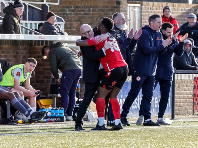 Action from Eastbourne Borough's 2-0 Ntional League South win against Slough Town at Priory Lane