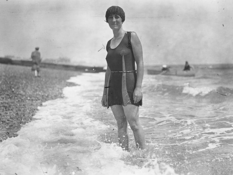 Standing in the surf on Hove beach is Lillian Harrison, from Argentina in June 1924. She has swum the River Plate and hopes to swim the English Channel.