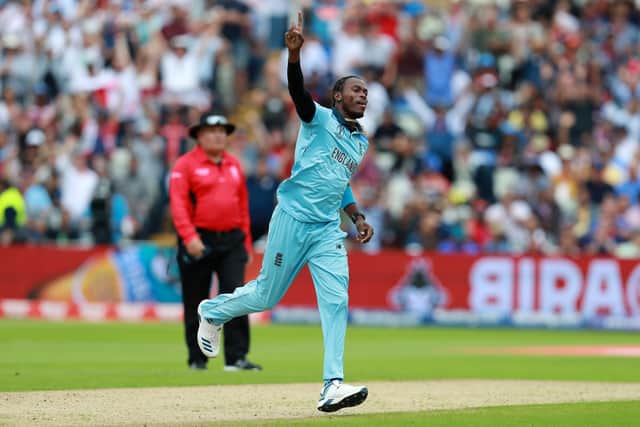 Sussex CCC star Jofra Archer celebrates taking the wicket of Glenn Maxwell during the 2019 ICC Cricket World Cup semi-final between England and Australia at Edgbaston. Picture by David Rogers/Getty Images