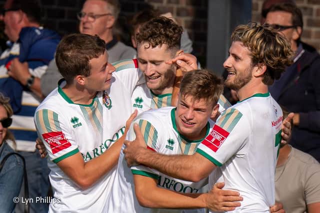 Dan Gifford, second from right, and teammates celebrate after one of the Rocks' goals in the win over Kingstonian | Picture: Lyn Phillips