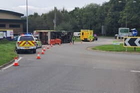 Mid Sussex Police tweeted this photo of an overturned truck on the Bolney slip road off of the A23 northbound