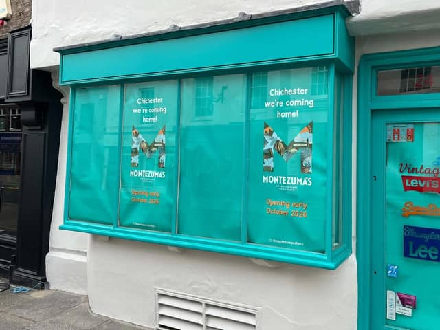 Montezuma’s is getting closer to returning to Chichester city centre, with signage announcing its homecoming now in place at its new South Street shop. Photo: Sussex World