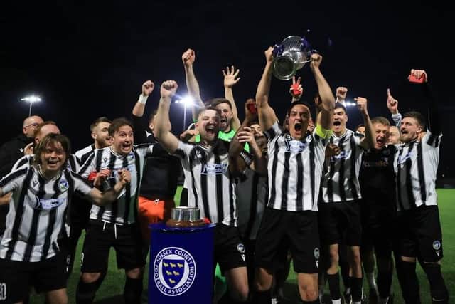 Peacehaven and Telsocmbe lift the RUR Cup | Picture: Simon Roe for the Sussex FA