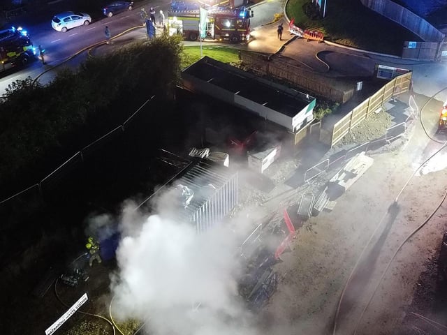DCIM\100MEDIA\DJI_0437.JPG : Multiple fire crews were called to Stone Cross, after shipping containers at a building site caught fire in the early hours of this morning (Saturday, August 17).