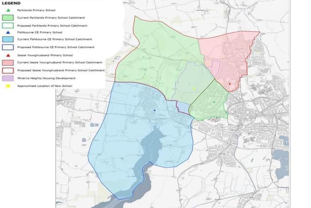 The proposed catchment areas for schools close to Minerva Heights. Image: West Sussex County Council