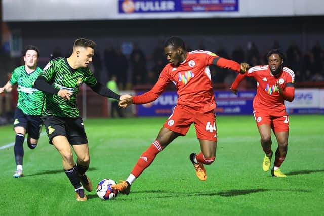 Doncaster Rovers' Luke Molyneux takes on Crawley Town's Mazeed Ogungbo. Photo: Gareth Williams/AHPIX LTD