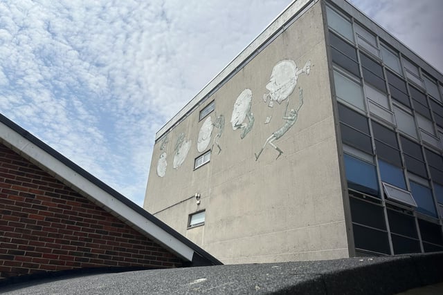 One of three pieces on the Chichester College campus, this piece represents a collaborative effort between Run, an Italian born creative now based in London, and Phlegm, a muralist from Sheffield.