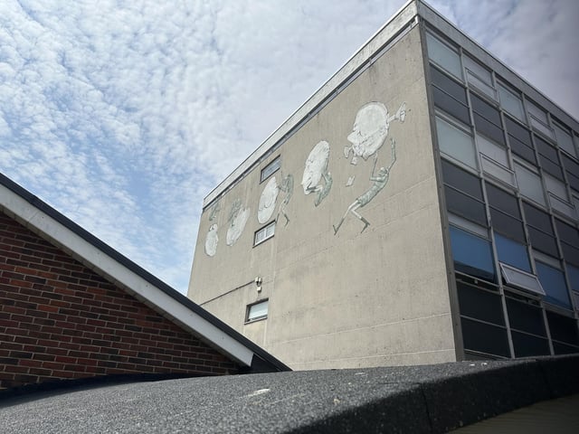 One of three pieces on the Chichester College campus, this piece represents a collaborative effort between Run, an Italian born creative now based in London, and Phlegm, a muralist from Sheffield.