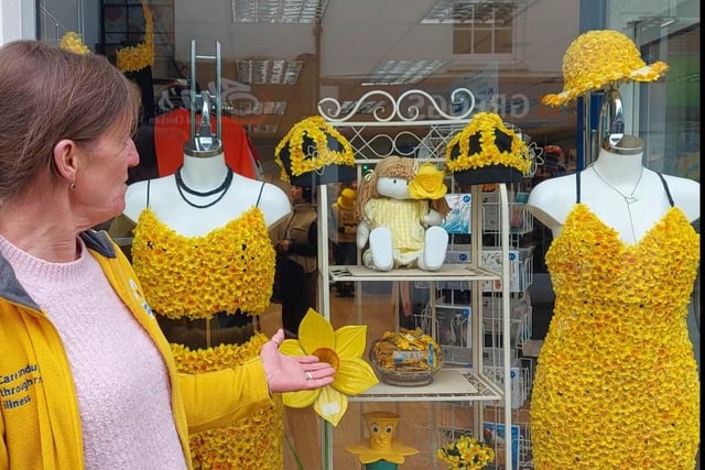 Marie Curie charity shop in Montague Street has been decorated in the beautiful bright yellow flowers with the incredible designs – inside and outside the shop – created by volunteer Jackie Varty.