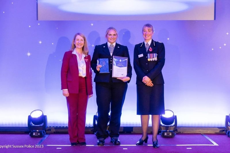 PC Daniella Gardner alongside PCC Katy Bourne and Chief Constable Jo Shiner