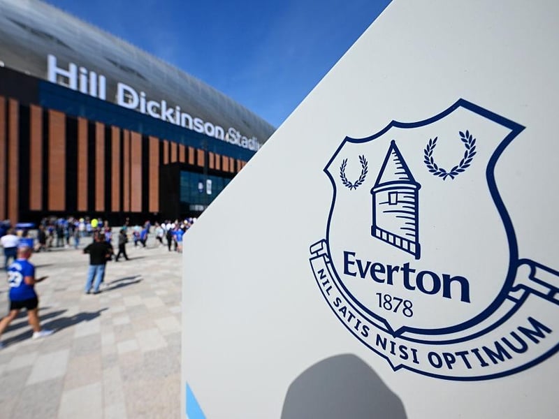 A general view outside the stadium as the Everton logo is seen prior to the Premier League match between Everton and Brighton & Hove Albion at Hill Dickinson Stadium