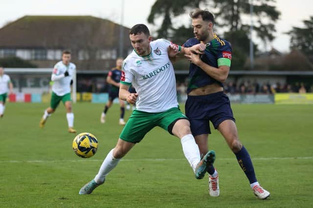 Dan Smith looks to hold the ball up for Bognor in their win over Horsham | Picture: Martin Denyer