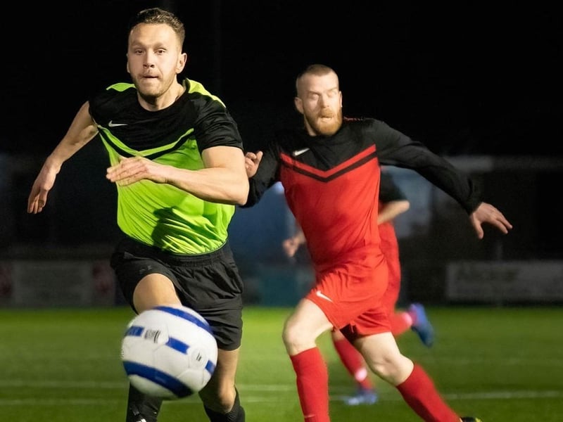Action in the charity football match held at Worthing Football Club for Cancer Research UK