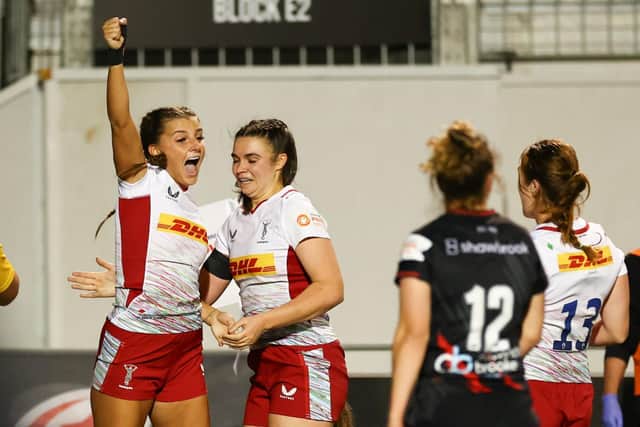Katie Shillaker celebrating a try. Picture: Sportsbeat