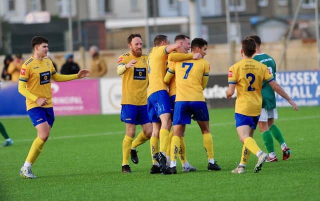 Action from Lancing's 3-2 win over Ashford United on Saturday. Picture by Stephen Goodger