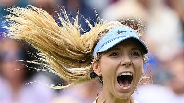 Britain's Katie Boulter celebrates after winning against Czech Republic's Karolina Pliskova