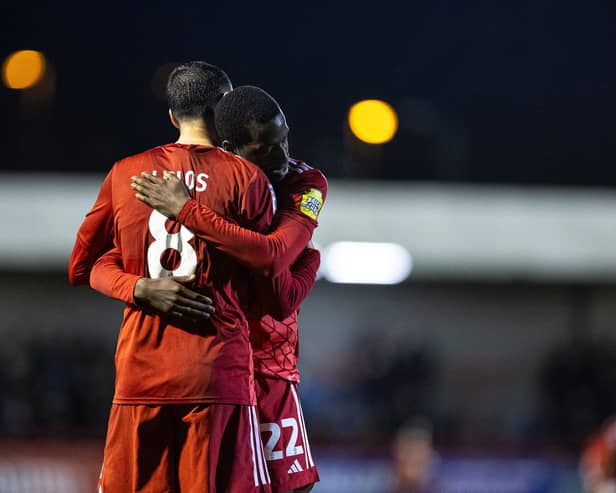 Klaidi Lolos and Ade Adeyemo after the final whistle on Monday night | Picture: Eva Gilbert