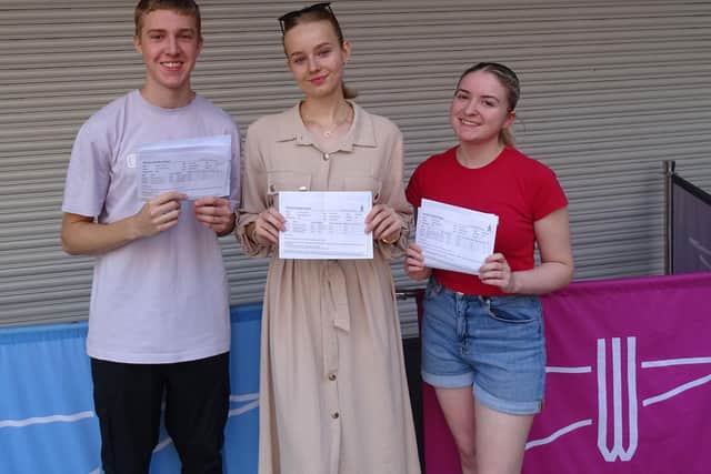 St Wilfrid's Catholic School students William Penfold, Kincso Huczek and Sofia Cowie collect their AS-level results. Picture:  St Wilfrid's Catholic School