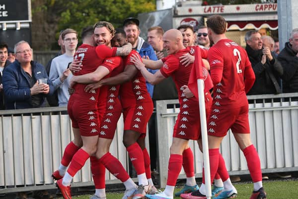 Worthing celebrate the early goal that put them on the way to beating Braintree in Wednesday's first play-off stage | Picture: Mike Gunn