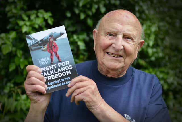 Harold Briley pictured with his book 'Fight for Falklands Freedom' at his home in Battle. Harold Briley was the BBC ‘radio man’ in Buenos Aires. He broke the story on the BBC World Service.