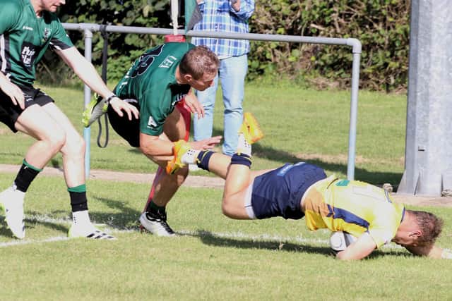 Jack Forrest  dives over for Worthing Raiders at Noth Walsham | Picture: Colin Coulson