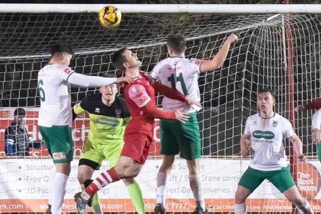 The Rocks defend at Hornchurch - where they were unlucky to lose 1-0 | Picture: Trevor Staff - see more photos in the slideshow, in the video player above