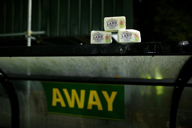 The traditional blocks of lard are seen on the away team's dug out prior to the Emirates FA Cup First Round Replay match between Horsham and Barnsley at The Camping World Community Stadium. (Photo by Charlie Crowhurst/Getty Images)