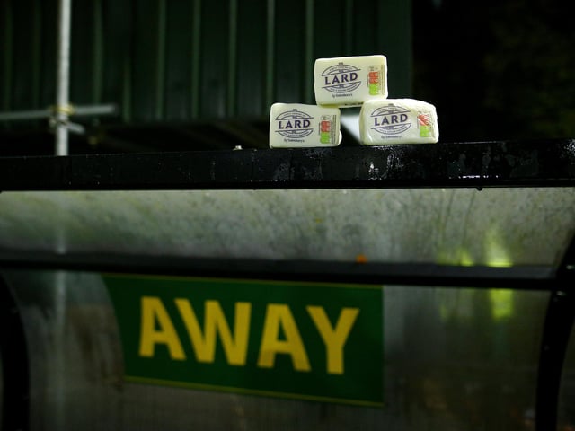 The traditional blocks of lard are seen on the away team's dug out prior to the Emirates FA Cup First Round Replay match between Horsham and Barnsley at The Camping World Community Stadium. (Photo by Charlie Crowhurst/Getty Images)