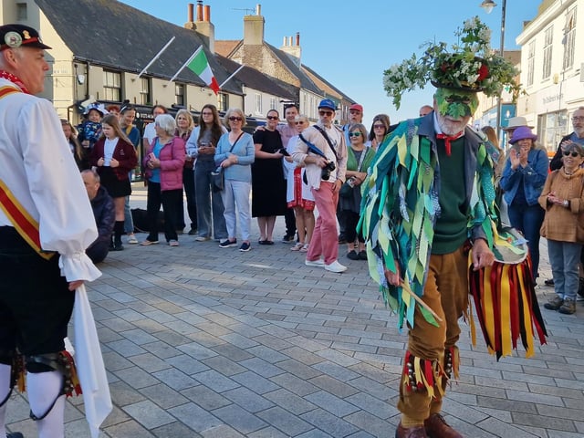 Sompting Village Morris celebrating May Day 2025 in Shoreham, where a large crowd gathered at 7am to watch to fun