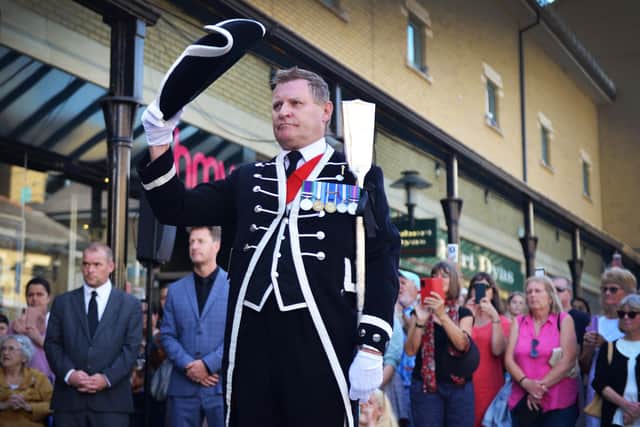 Former Hastings Town Crier Jon Bartholomew pictured at the proclamation of accession of Charles III last year on September 11 2022 in Queens Square.