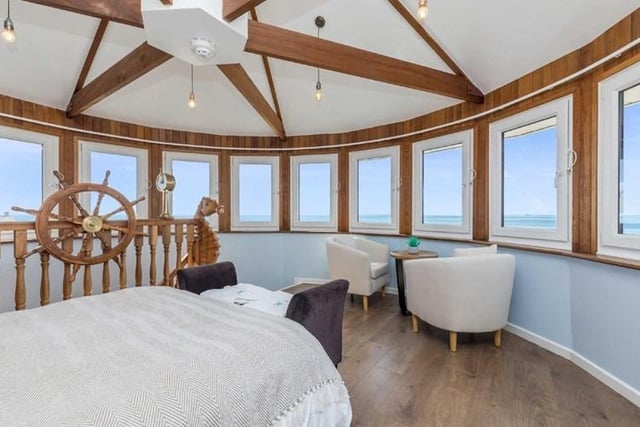 The remaining part of the turret formerly known as The Captains Quarters includes an additional lounge, with its own en suite facility and stairway to the top level boasting a breath-taking circular double bedroom enjoying miles of coastal and downland views.