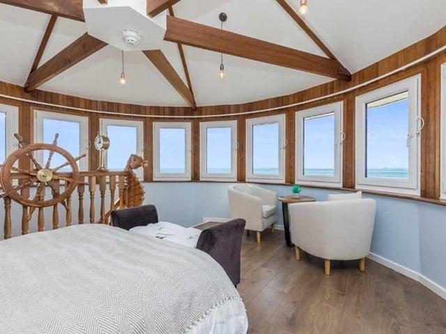The remaining part of the turret formerly known as The Captains Quarters includes an additional lounge, with its own en suite facility and stairway to the top level boasting a breath-taking circular double bedroom enjoying miles of coastal and downland views.
