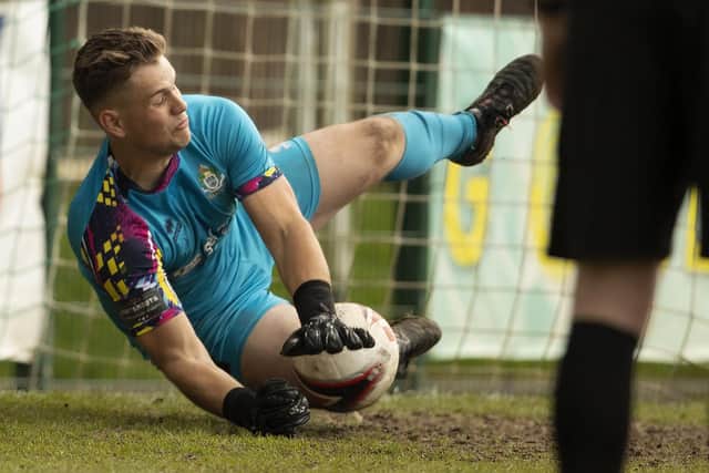 Selsey's keeper Syd Davies saves Epsom's first penalty but finshed up on the losing side 6-5 | Picture: Chris Hatton