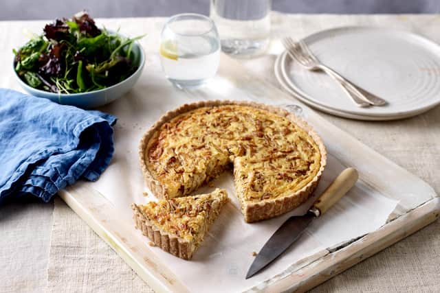 Wholemeal spelt cheese and caramelised onion quiche