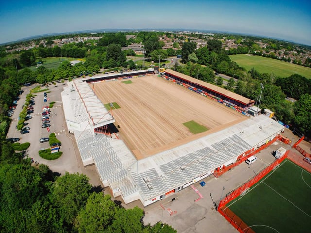 Crawley Town Football Club have had their pitch removed ready for summer renovations. Grant Mansfield took these wonderful pictures from above to show what it currently look inside the Broadfield Stadium.