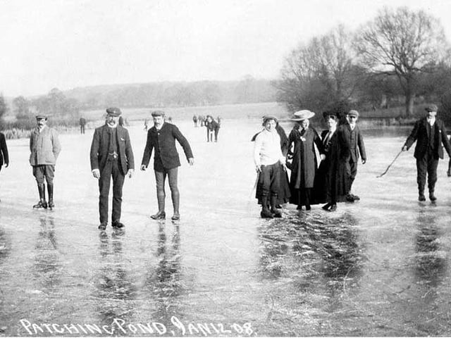 A picture from January 12, 1908, showing people skating on a frozen Patching Pond