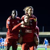 Klaidi Lolos scored a late equaliser for Crawley Town against Stockport County. Photo: Eva Gilbert Photography