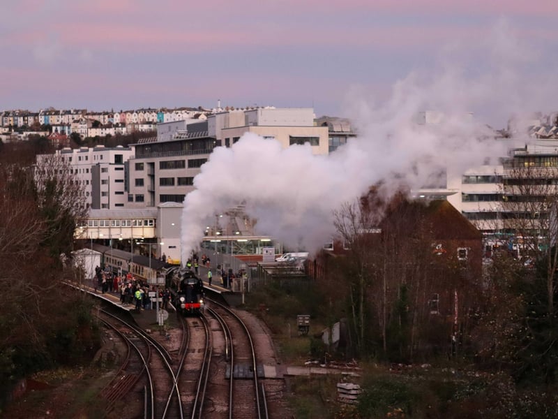 The Christmas Sussex Belle, Merchant Navy Class 35028 Clan Line, leaves Hastings Railway Station on November 19 2025. Pic by Kevin Boorman.