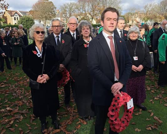 Tom Rutland MP for East Worthing and Shoreham at a Remembrance Sunday service in Southwick.